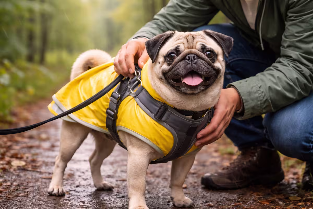 Mops Regenmantel sitzt korrekt mit Y-Geschirr an einem Mops auf nassem Waldweg, während die Halterin die Passform überprüft