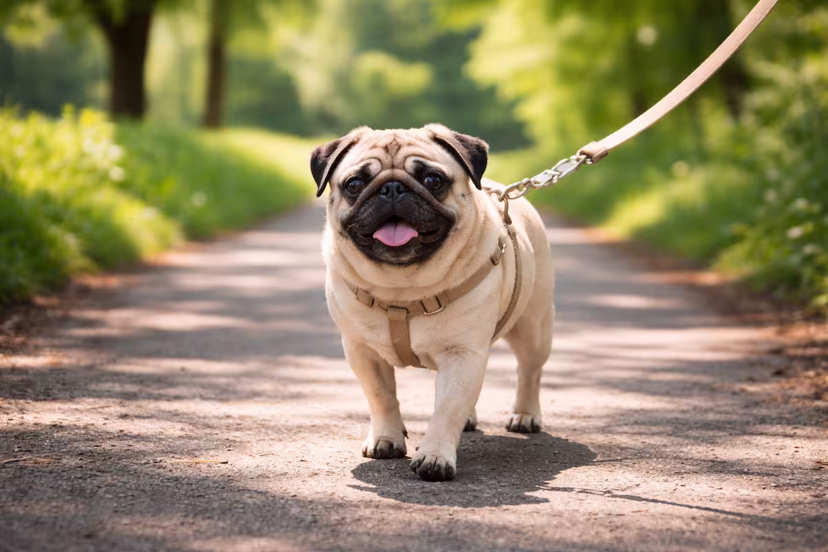 Mops an der Leichten Leine Mops an der Leichten Leine auf schattigem Parkweg