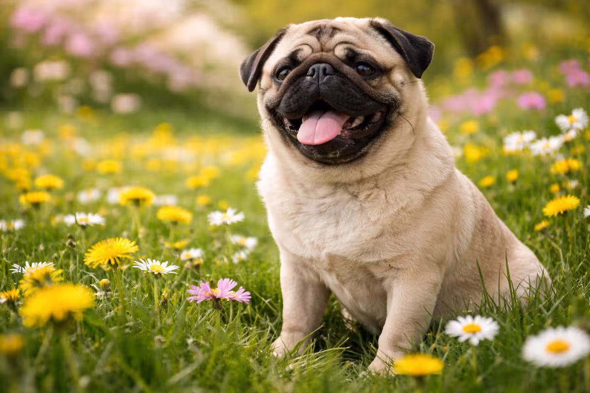 Mops auf einer Frühlingswiese mit Blüten im Hintergrund