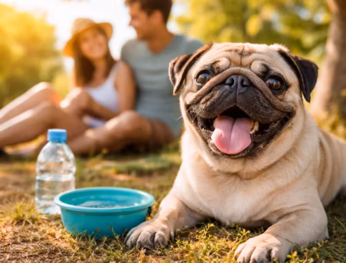 Wann wird es für deinen Mops bei Hitze gefährlich? 19 Mops bei Hitze liegt im Halbschatten im Gras neben Wassernapf und Trinkflasche, während seine Halter entspannt im Hintergrund sitzen.