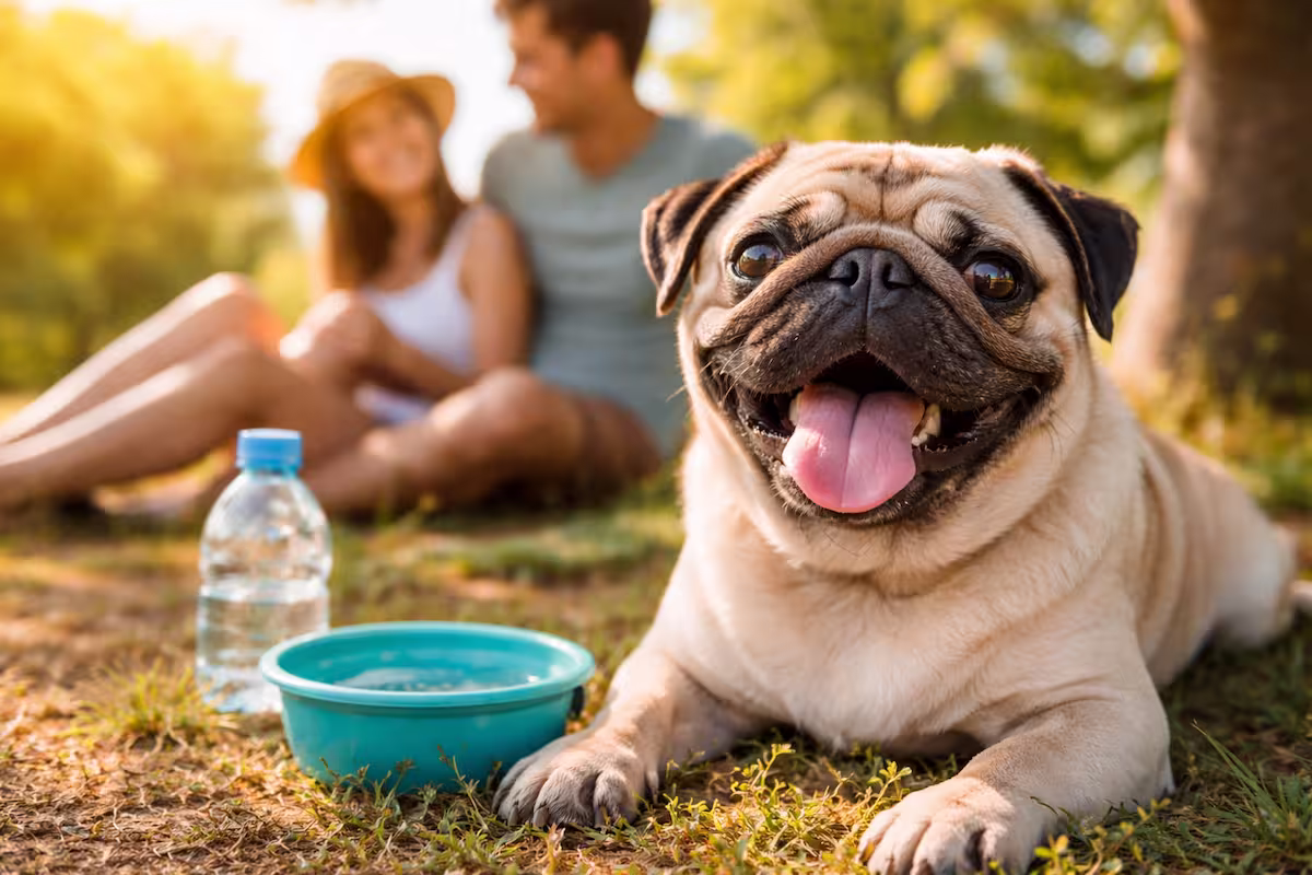 Mops bei Hitze liegt im Halbschatten im Gras neben Wassernapf und Trinkflasche, während seine Halter entspannt im Hintergrund sitzen.