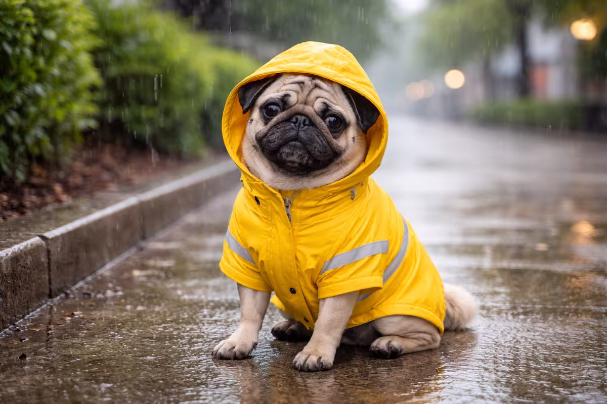 Mops im Regen mit gut sitzendem Regenmantel auf einem Gehweg