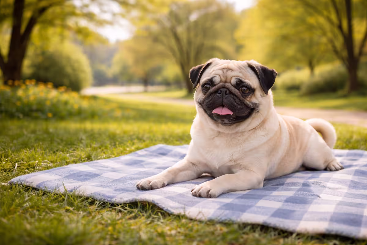 Mops liegt entspannt auf einer Decke im Frühlingslicht