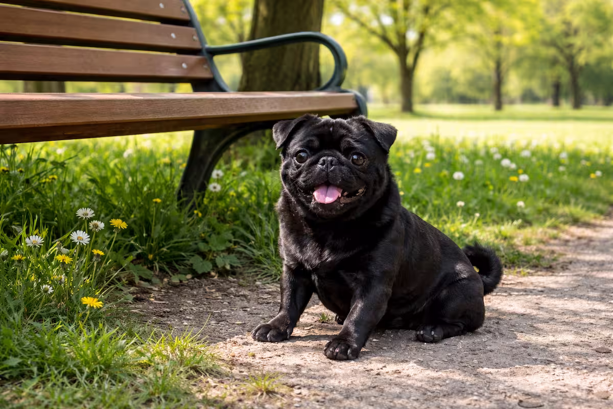 Mops macht Pause schwarzer Mops macht Pause im Schatten neben Parkbank