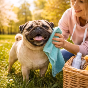 Mops nach dem Winter wird im Frühlingspark sanft gereinigt, während eine Halterin seine Gesichtsfalten pflegt und Pflegeutensilien neben ihnen im Gras liegen