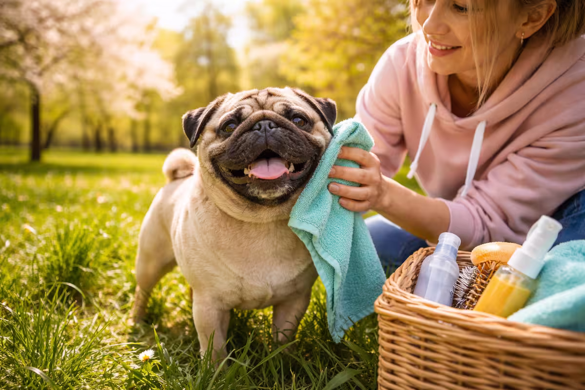 Mops nach dem Winter wird im Frühlingspark sanft gereinigt, während eine Halterin seine Gesichtsfalten pflegt und Pflegeutensilien neben ihnen im Gras liegen