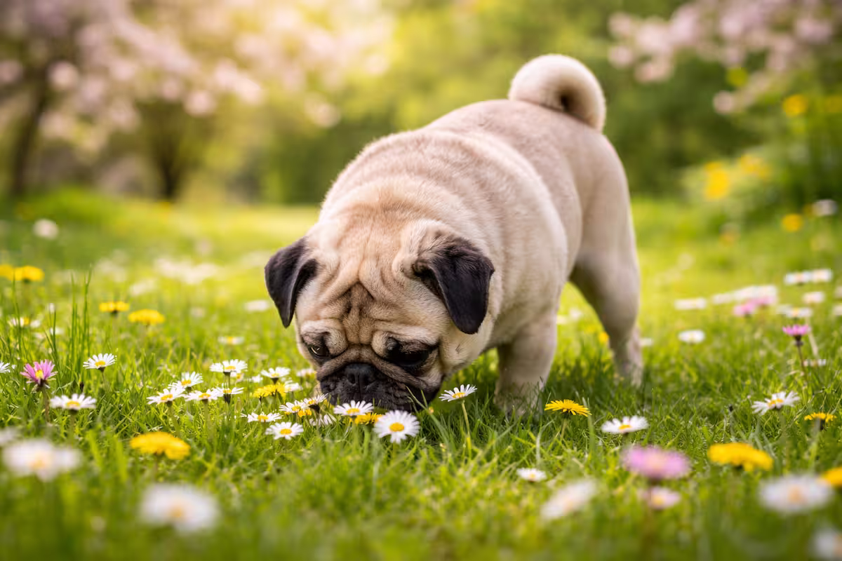 Mops schnuppert auf einer Frühlingswiese mit Blüten im Hintergrund