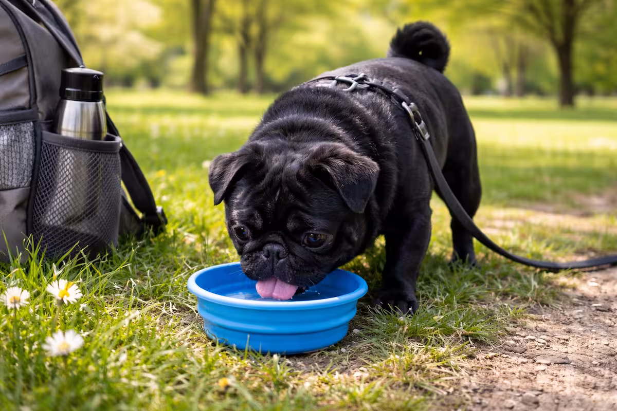 Mops trinkt Wasser schwarzer Mops trinkt Wasser aus faltbarem Napf im Park