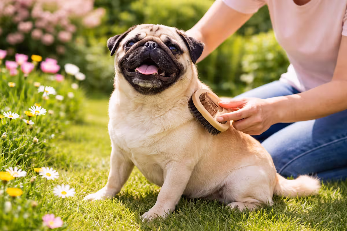 Mops wird gebürstet Mops wird im Frühling im Garten gebürstet