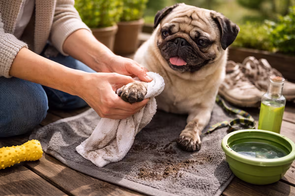Pfoten reinigen Pfoten eines Mopses werden nach dem Spaziergang gereinigt