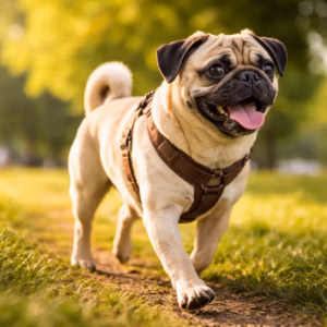 Retro-Mops Trend: gesunder Mops mit längerer Schnauze läuft entspannt über einen sonnigen Parkweg im natürlichen Morgenlicht