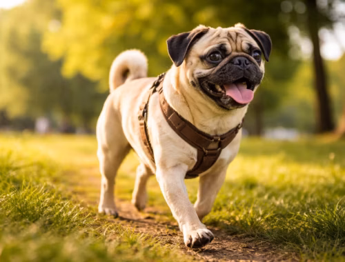 Ist der Retro-Mops Trend nur Hype oder echte Verbesserung? 7 Retro-Mops Trend: gesunder Mops mit längerer Schnauze läuft entspannt über einen sonnigen Parkweg im natürlichen Morgenlicht