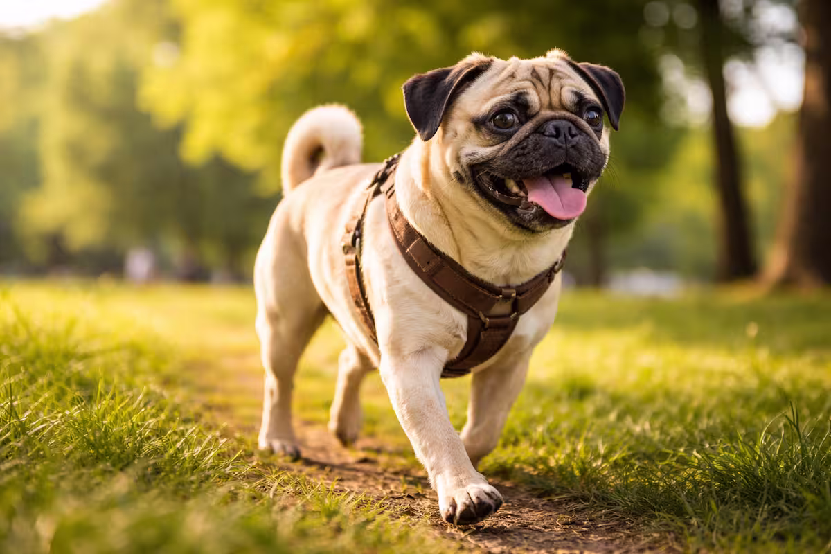 Retro-Mops Trend: gesunder Mops mit längerer Schnauze läuft entspannt über einen sonnigen Parkweg im natürlichen Morgenlicht
