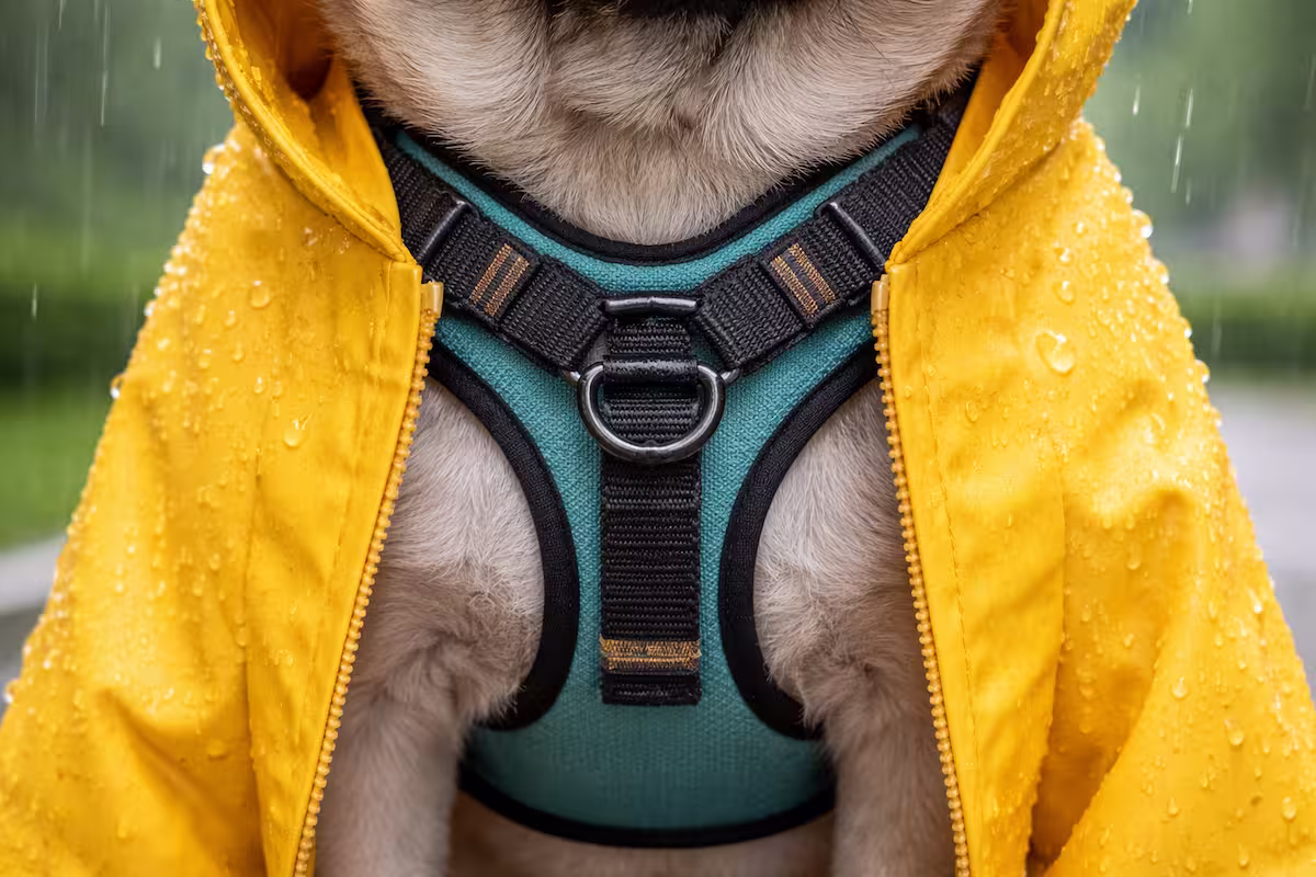 Detailaufnahme eines korrekt sitzenden Y-Geschirrs unter einem Regenmantel