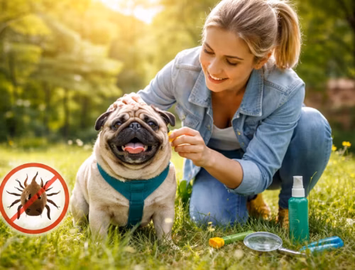 Blonde Frau kontrolliert im Park einen fröhlichen Mops auf Zecken, um die Zeckenzeit vorbereiten und den Hund richtig schützen zu können