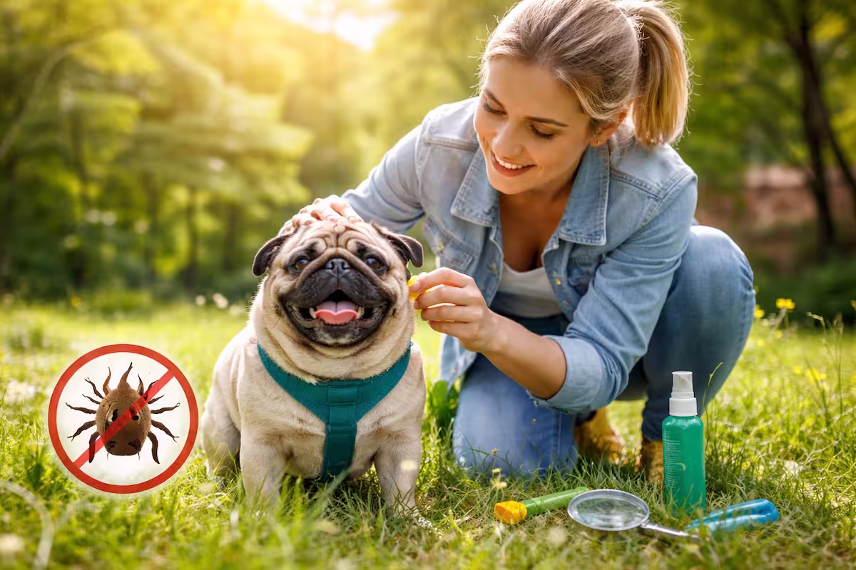 Blonde Frau kontrolliert im Park einen fröhlichen Mops auf Zecken, um die Zeckenzeit vorbereiten und den Hund richtig schützen zu können