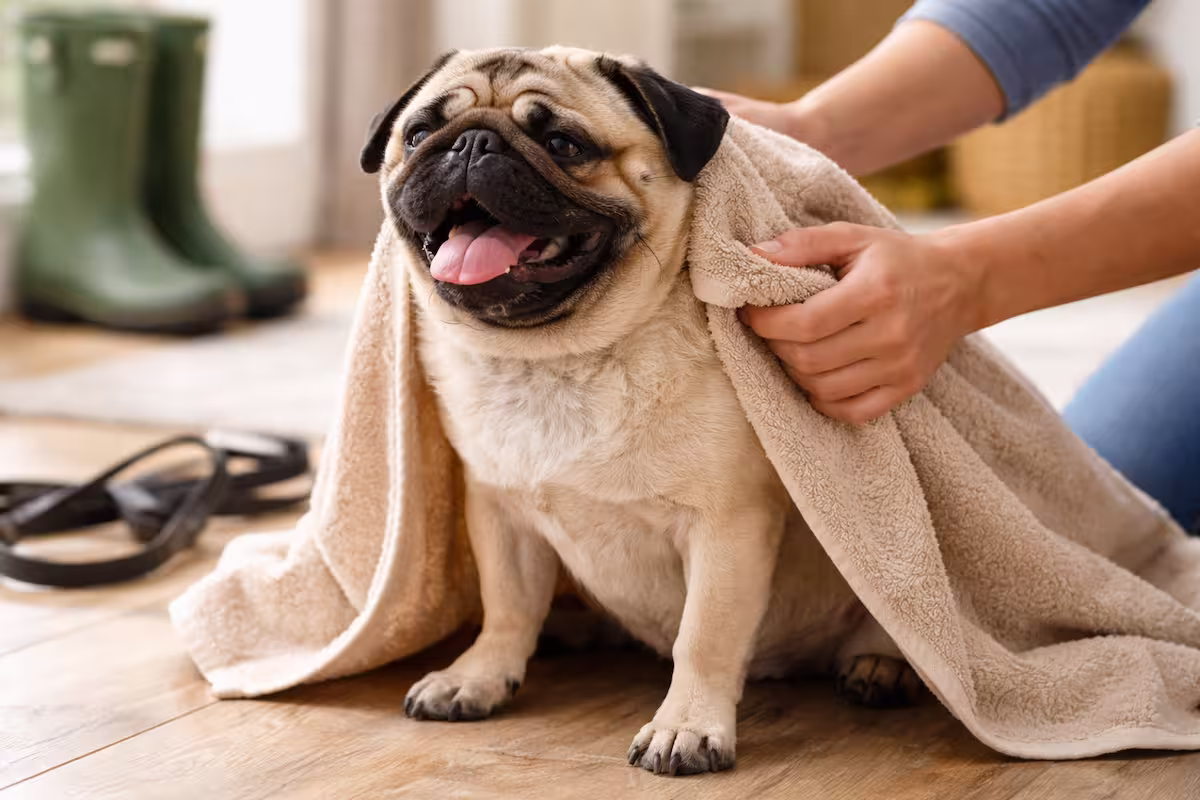 Mops wird nach Spaziergang sanft mit Handtuch abgetrocknet