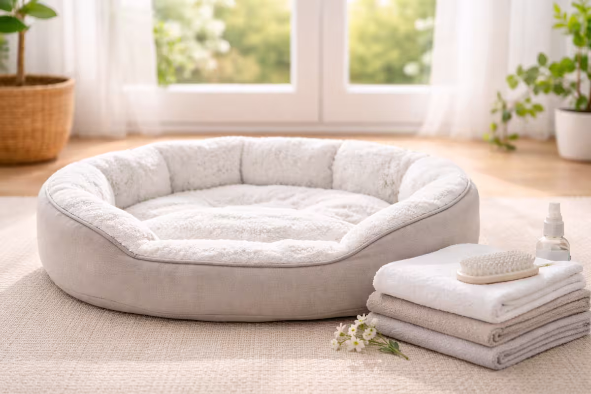 frisch gewaschener Hundeschlafplatz frisch gewaschener Hundeschlafplatz im hellen Raum