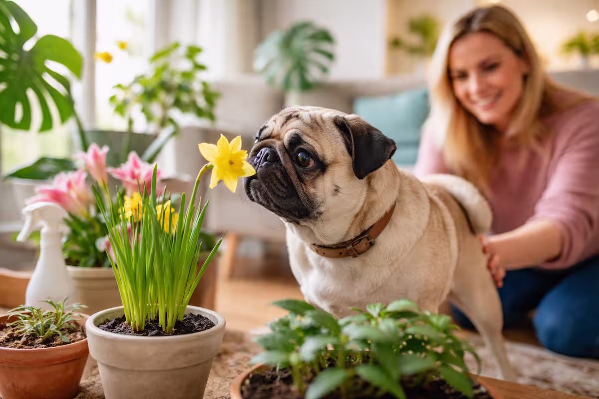 Mops schnuppert im hellen Wohnzimmer an Frühlingsblumen und giftige Pflanzen, während Halterin ihn aufmerksam beobachtet