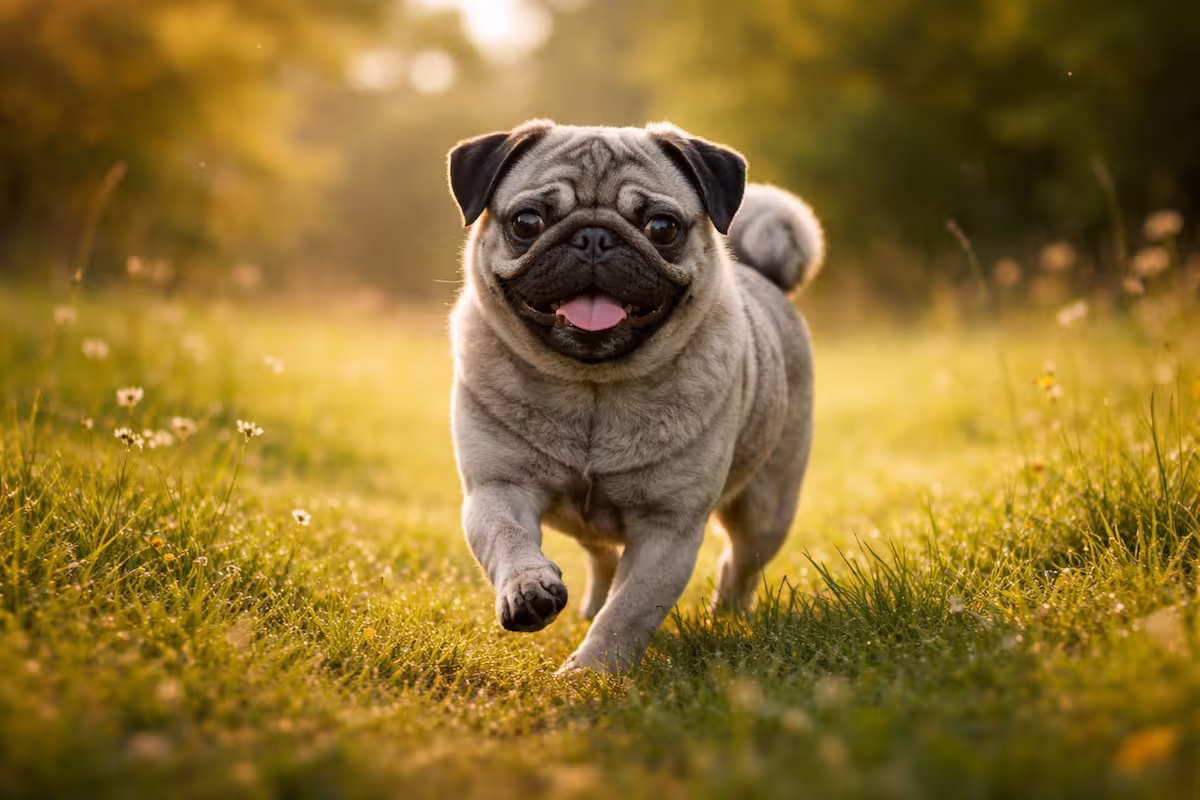 grauer Mops läuft Wiese grauer Mops läuft im warmen Morgenlicht über eine Wiese
