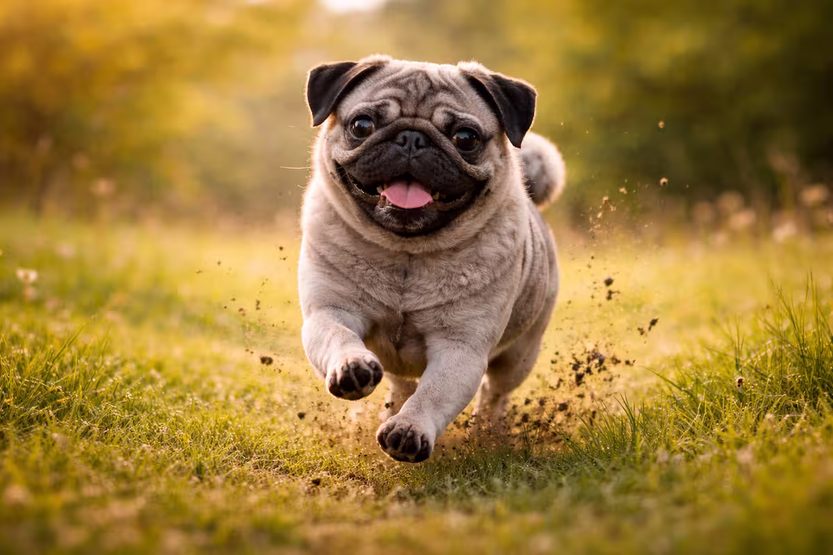 grauer Mops rennt auf die Kamera grauer Mops rennt auf die Kamera zu und wirbelt Gras auf