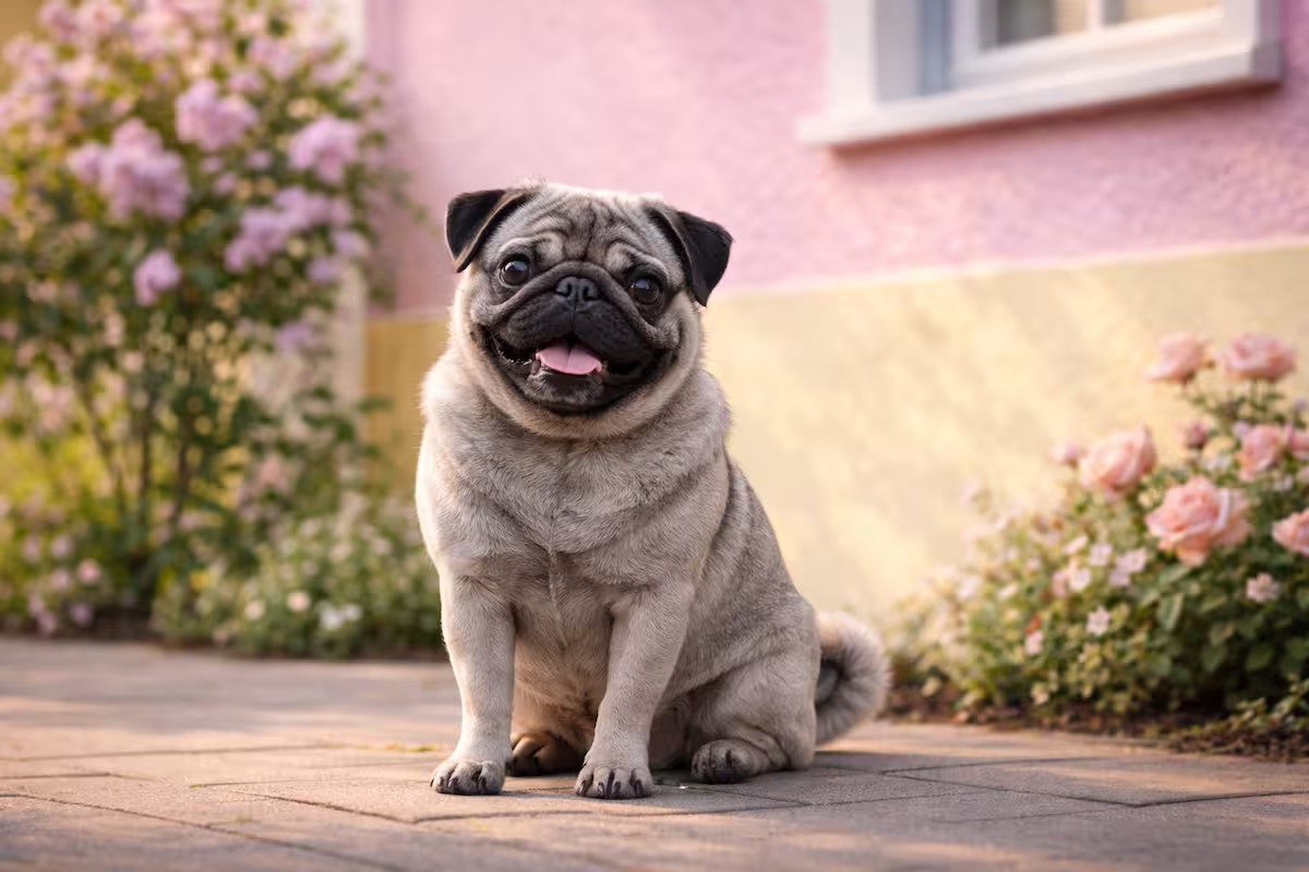grauer Mops vor pastellfarbenen Hauswand grauer Mops sitzt vor einer pastellfarbenen Hauswand im Frühlingslicht