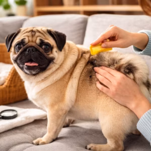 Mops wird auf dem Sofa mit Flohkamm untersucht, um Flöhe erkennen beim Hund zu überprüfen, während der Halter das Fell am Rücken kontrolliert.