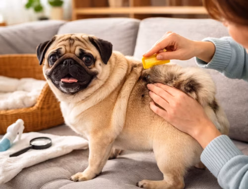 Mops wird auf dem Sofa mit Flohkamm untersucht, um Flöhe erkennen beim Hund zu überprüfen, während der Halter das Fell am Rücken kontrolliert.