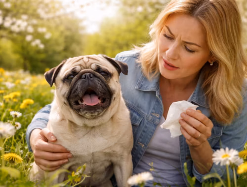 Frühlingsallergie beim Mops erkennen: Frau sitzt mit niesendem Mops in einer blühenden Frühlingswiese und kümmert sich besorgt um ihren Hund