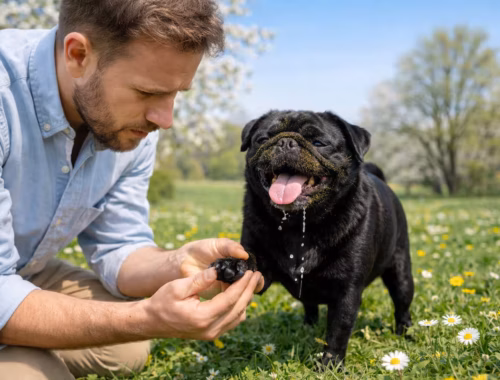 Schwarzer Mops mit Pollen im Gesicht beim Frühlingsspaziergang, während ein Halter seine Pfote prüft – typische Frühlingsfehler beim Mops erkennen.