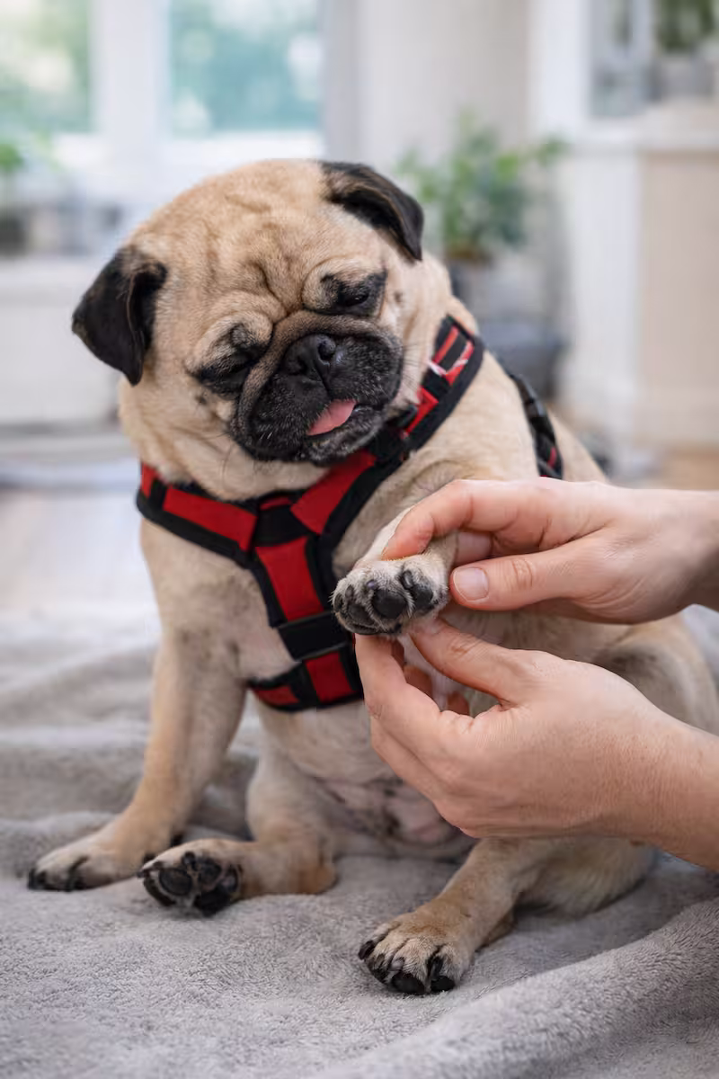 Mops sitzt auf einer Decke, Halter prüft Pfoten und Bauch nach dem Spaziergang, heller Innenraum