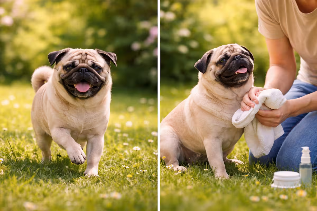 Halter reinigt Pfoten Mops läuft über Wiese, Halter reinigt anschließend die Pfoten