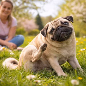 Mops kratzt sich auf einer Frühlingswiese – Szene, die Juckreiz beim Mops im Frühling und mögliche Pollenallergien zeigt.