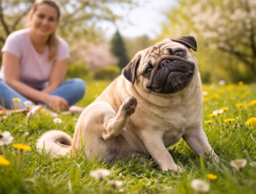 Mops kratzt sich auf einer Frühlingswiese – Szene, die Juckreiz beim Mops im Frühling und mögliche Pollenallergien zeigt.