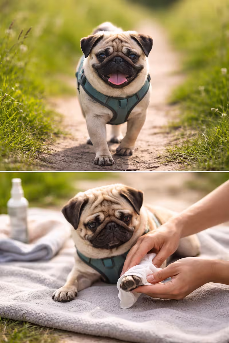 Mops auf Wiesenweg im Geschirr, danach Kontrolle von Pfoten auf einer Decke