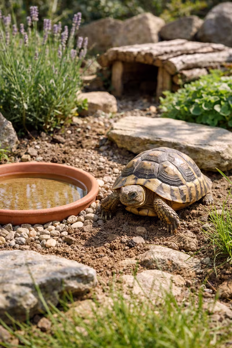 Landschildkröte in einem naturnahen Außengehege mit flacher Wasserschale, Sonnenplatz und bepflanzten Rückzugszonen