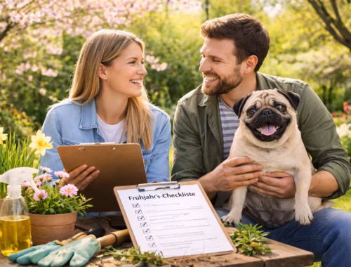 Wie unterstützt dich die Mops Frühjahrs-Checkliste im Alltag? 10 Mops sitzt auf dem Schoß seines Besitzers im blühenden Frühlingsgarten, während eine Frau eine Mops Frühjahrs-Checkliste auf einem Klemmbrett prüft und Gartenutensilien auf dem Tisch liegen