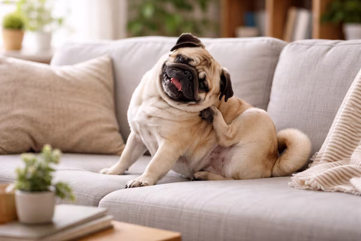 Mops auf dem Sofa, der sich seitlich am Rücken kratzt, echte Wohnsituation im Tageslicht