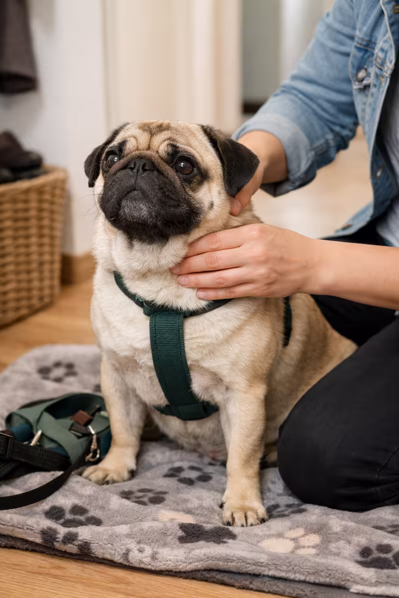 Mops nach dem Spaziergang auf einer Decke im Flur, Halter tastet Hals und Brustbereich systematisch ab