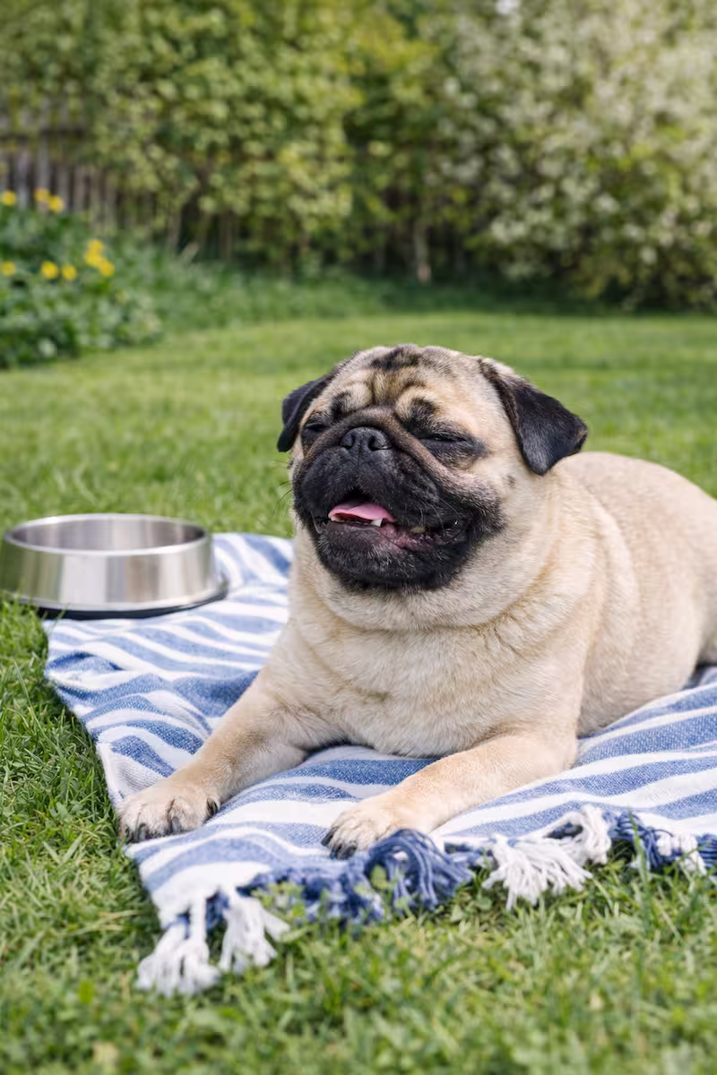Mops ohne Geschirr liegt auf frischer Hundedecke, daneben gewaschener Napf und gepflegter Garten im Hintergrund