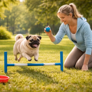 Mops trainieren: Frau übt mit ihrem Mops im Park einen kleinen Sprung über eine niedrige Hürde, um ihn fit zu machen, ohne ihn zu überfordern
