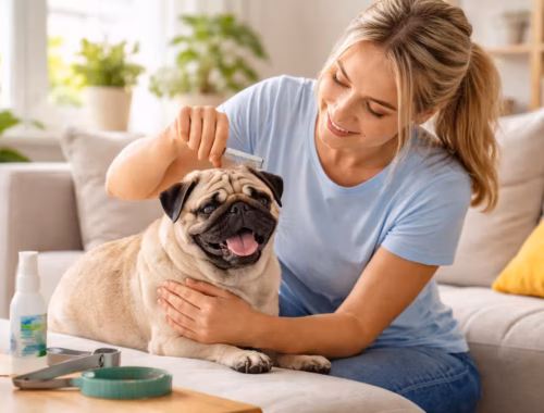 Frau untersucht einen Mops mit Flohkamm auf Parasiten – beim Mops Parasiten vorbeugen durch regelmäßige Fellkontrolle im Wohnzimmer
