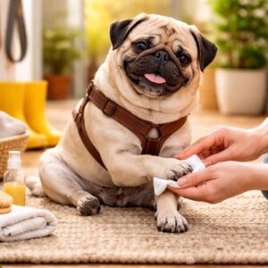 Mops Pfotenpflege im Frühling: Mops sitzt im Flur und bekommt nach dem Spaziergang sanft die Pfoten gereinigt
