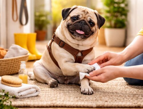 Mops Pfotenpflege im Frühling: Mops sitzt im Flur und bekommt nach dem Spaziergang sanft die Pfoten gereinigt