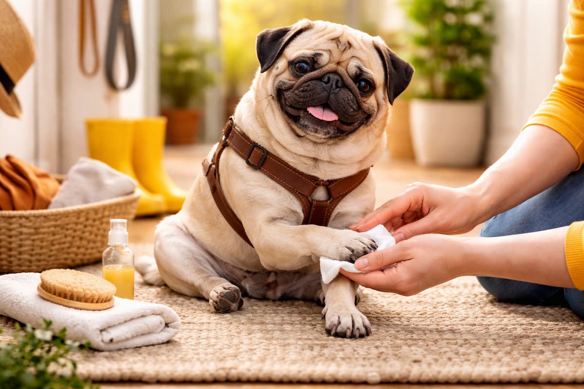 Mops Pfotenpflege im Frühling: Mops sitzt im Flur und bekommt nach dem Spaziergang sanft die Pfoten gereinigt