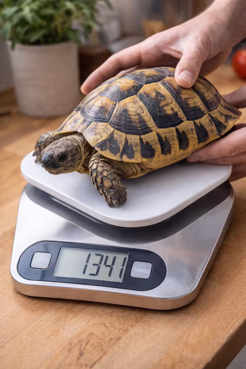 Schildkröte wird auf Küchenwaage gewogen