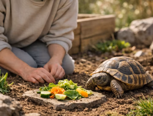 Schildkröte frisst nicht nach dem Winter: Landschildkröte sitzt vor frischem Futter im Garten, Person beobachtet sie aufmerksam