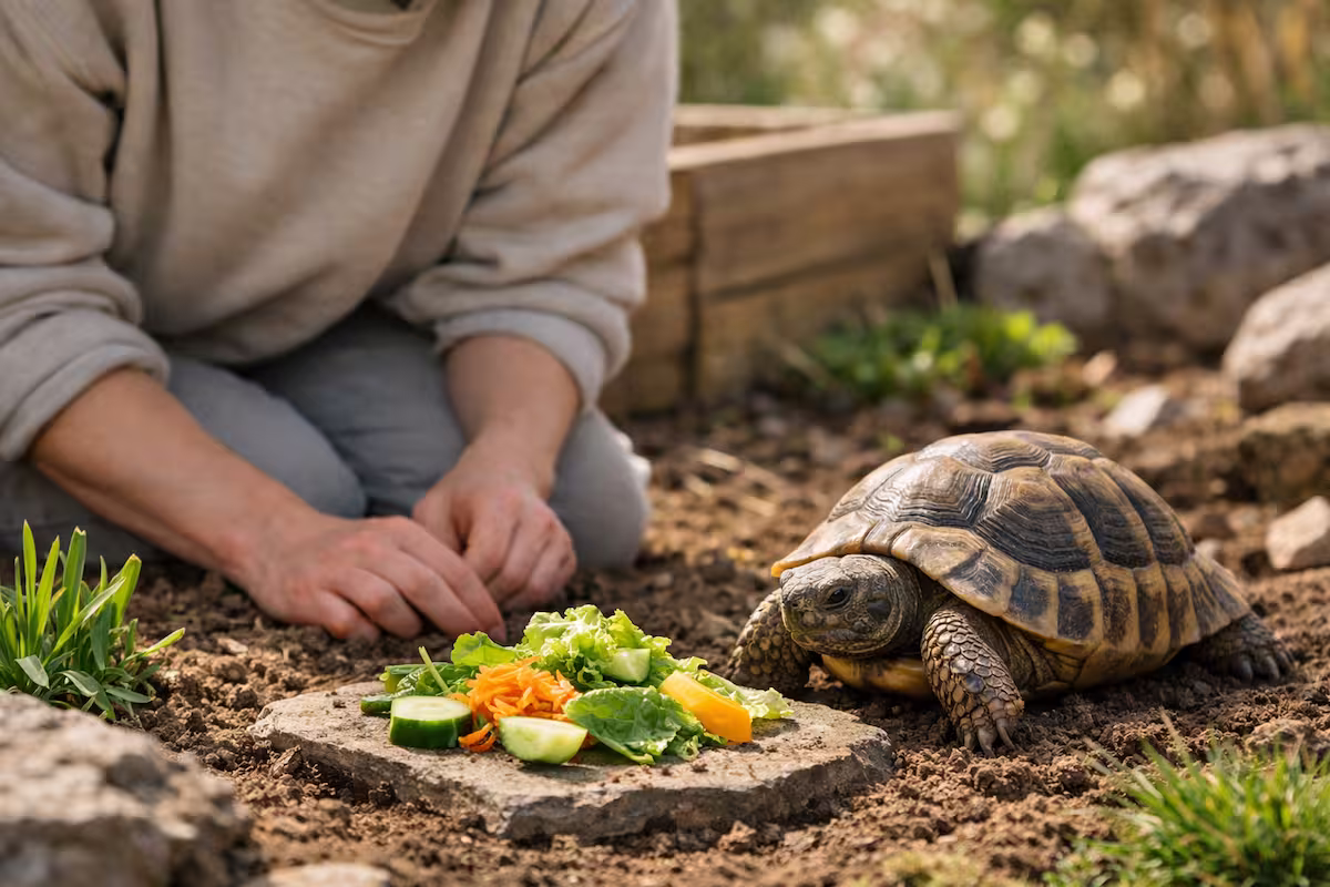 Schildkröte frisst nicht nach dem Winter: Landschildkröte sitzt vor frischem Futter im Garten, Person beobachtet sie aufmerksam