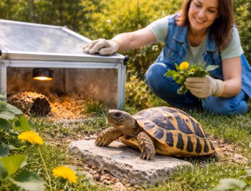 Wann darf meine Schildkröte im Gehege wieder raus 7 Schildkröte im Gehege im Frühling mit Halterin am Frühbeet, die frische Wildkräuter füttert und das Außengehege vorbereitet