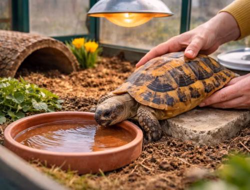 Schildkröte nach Winterruhe im Frühbeet beim Trinken aus einer flachen Wasserschale unter einer Wärmelampe